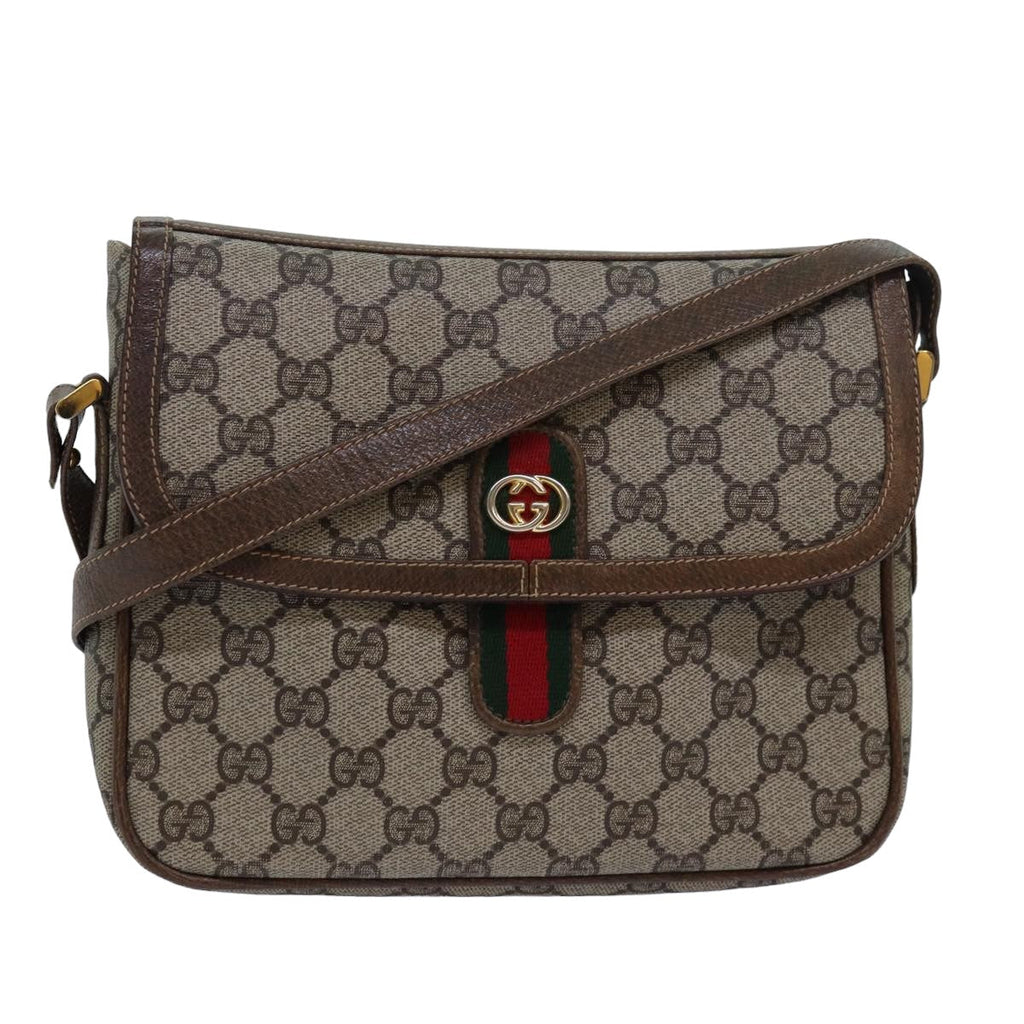 GUCCI GG Canvas Web Sherry Line Shoulder Bag PVC Leather Beige Green 83285