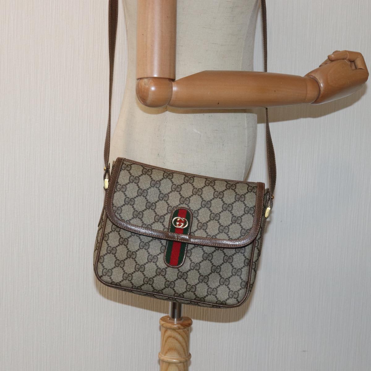 GUCCI GG Canvas Web Sherry Line Shoulder Bag PVC Leather Beige Green 83285