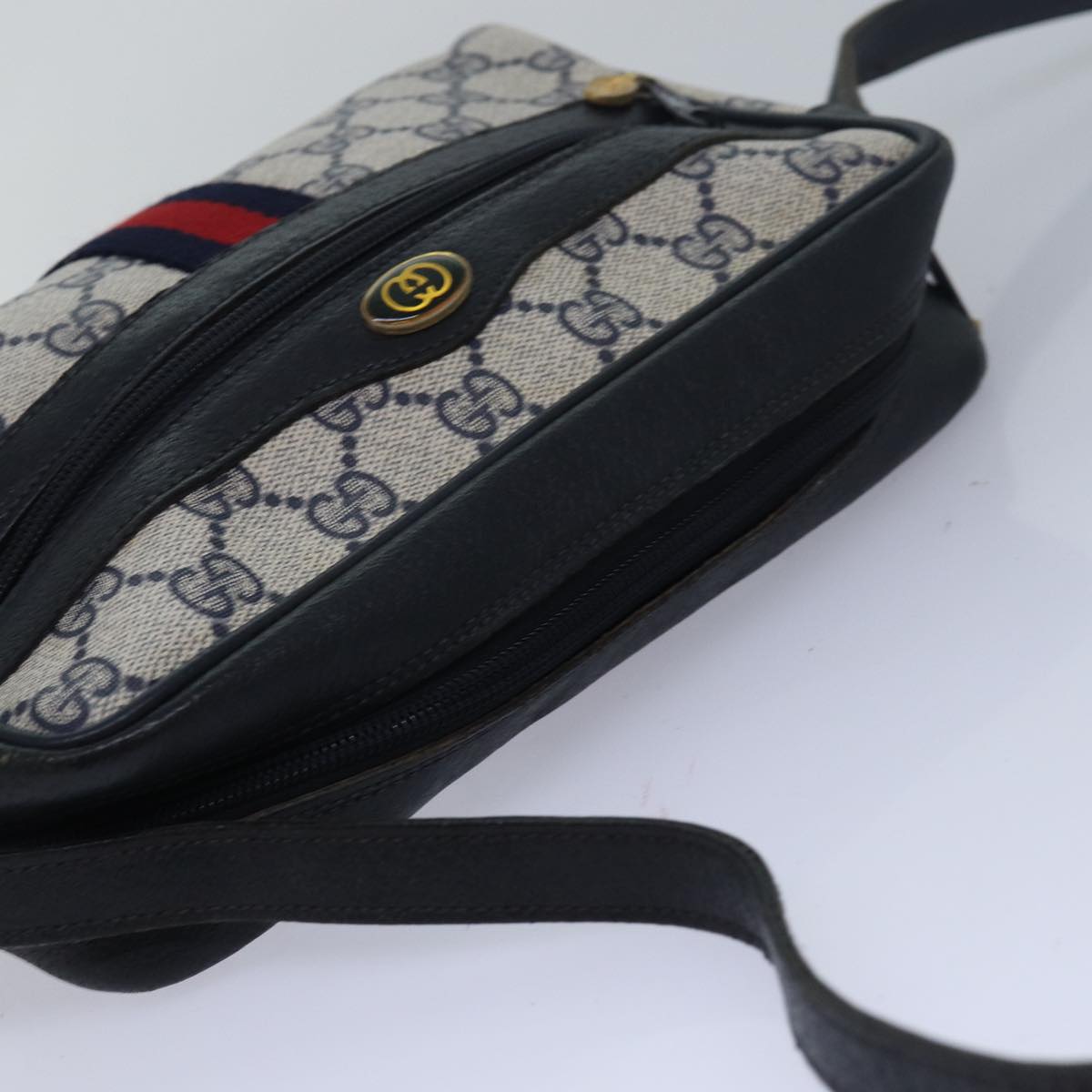 GUCCI GG Canvas Sherry Line Shoulder Bag PVC Leather Navy Red 83291