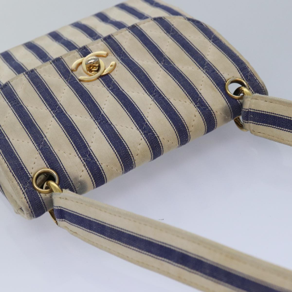 CHANEL Turn Lock Shoulder Bag Canvas Blue CC 83375