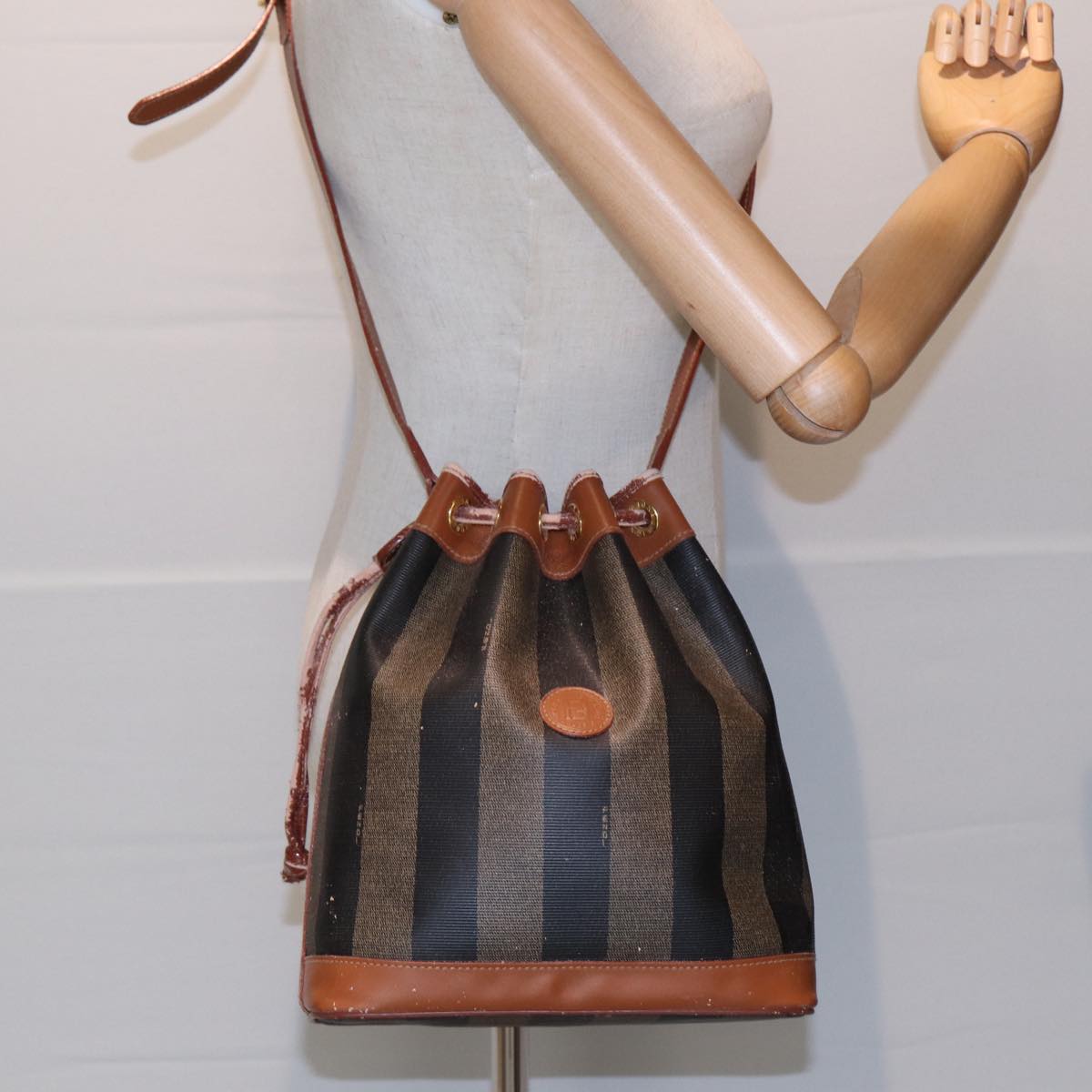 FENDI Pecan Canvas Shoulder Bag Brown Black 83448