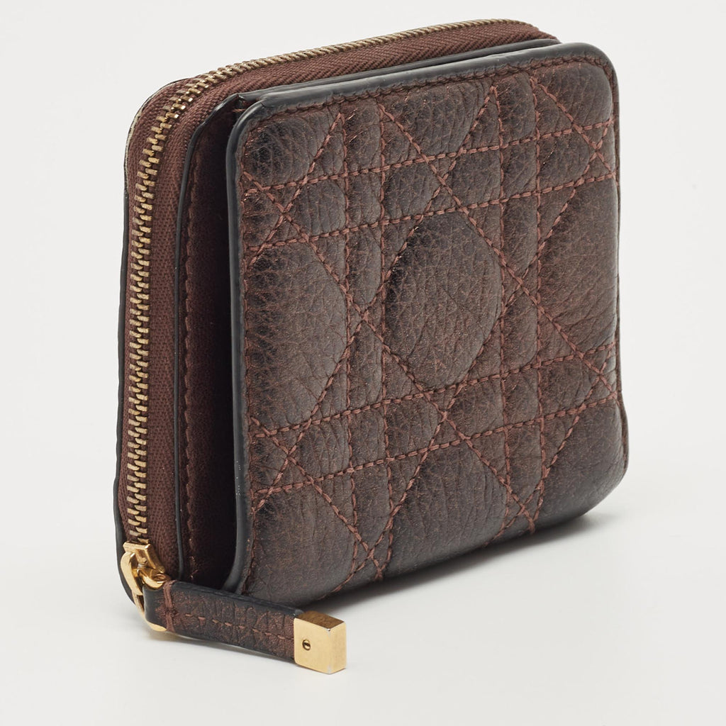 Dior Metallic Burgundy Cannage Leather Caro Compact Wallet