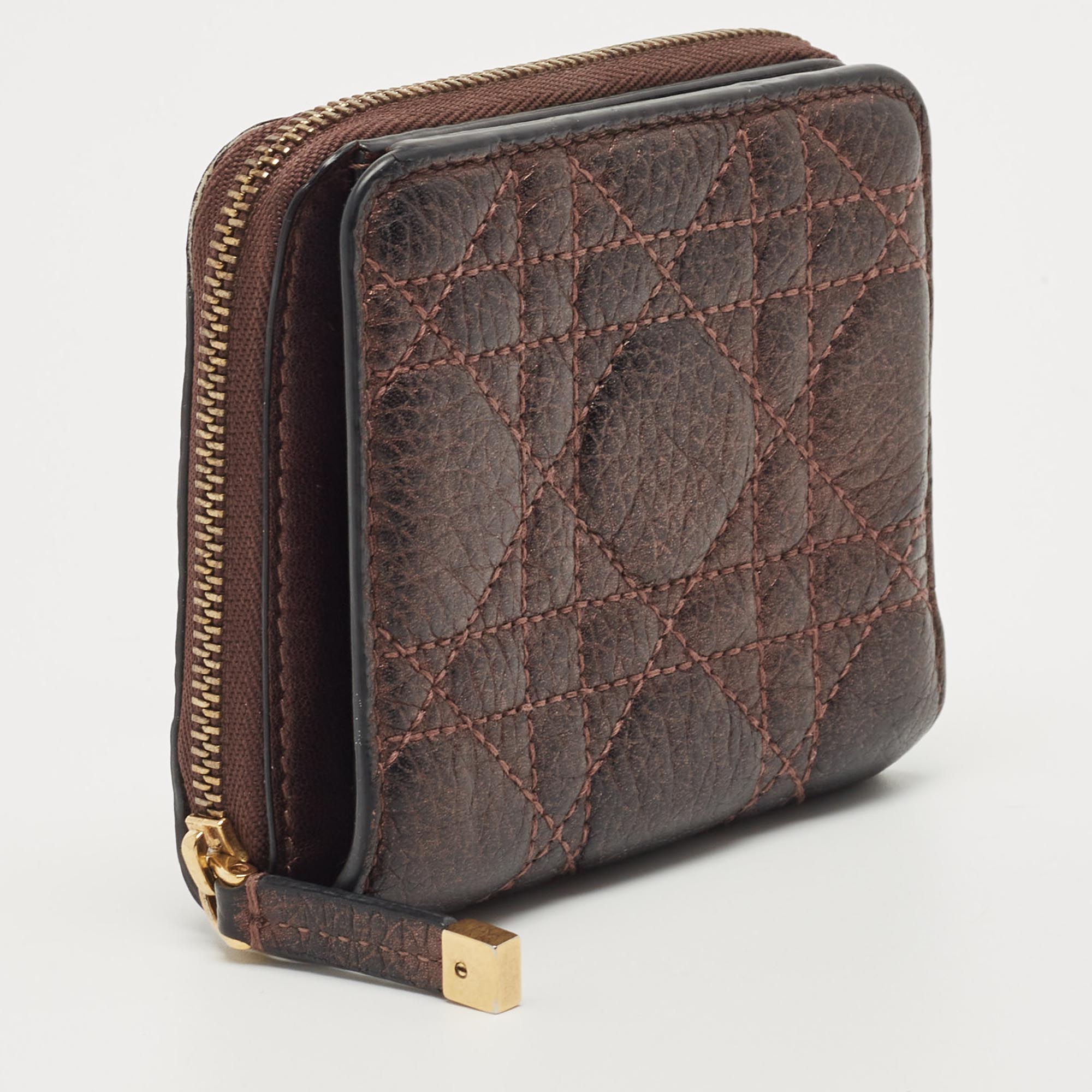 Dior Metallic Burgundy Cannage Leather Caro Compact Wallet