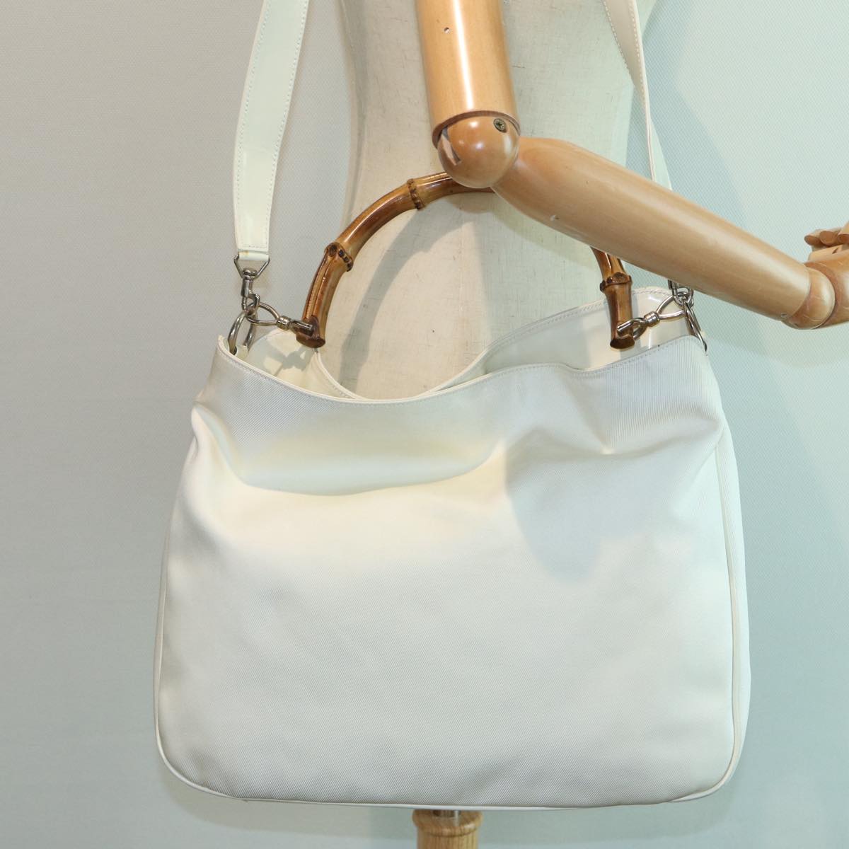 GUCCI Bamboo Hand Bag Canvas White 001 1705 1577 83496