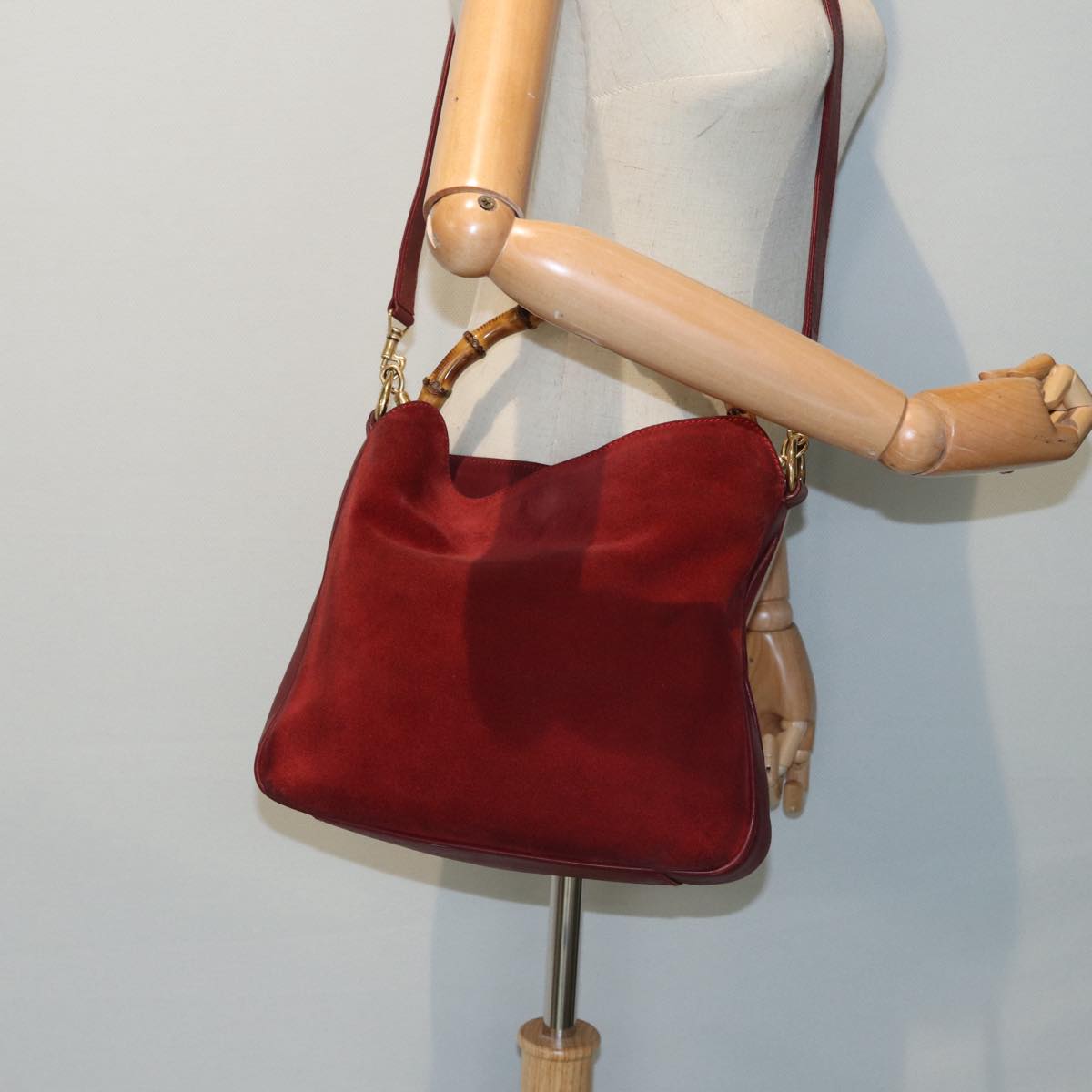 GUCCI Bamboo Hand Bag Suede 2way Red 001 1638 83719