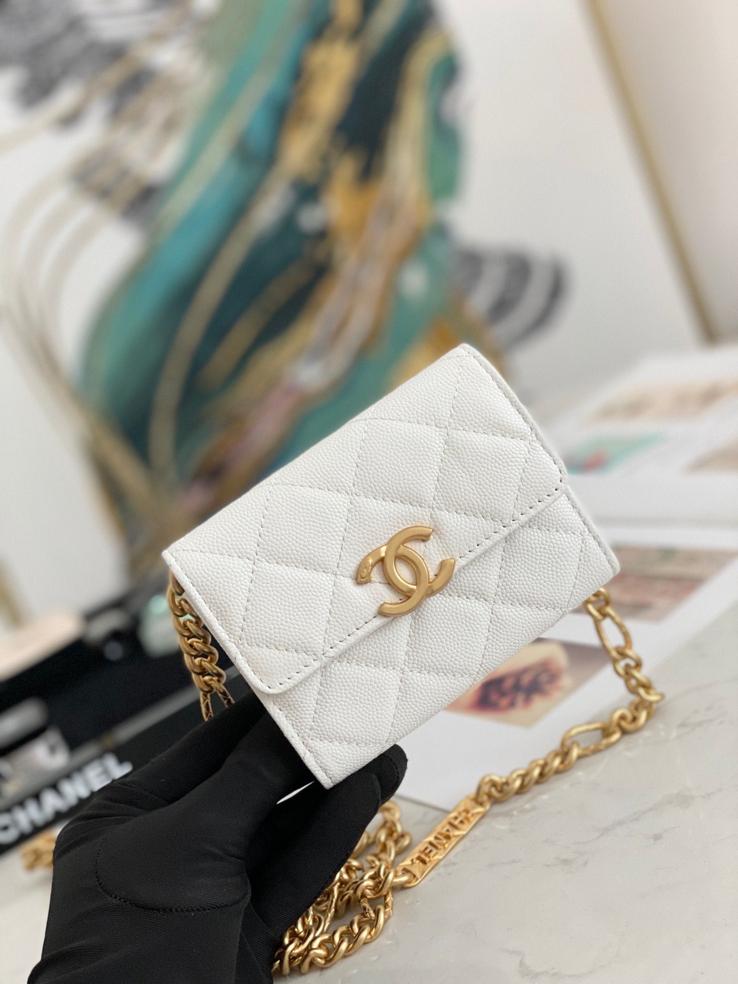 CHLMini GlamIap Bag Gold Toned Hardware White For Women 4.7in/12cm