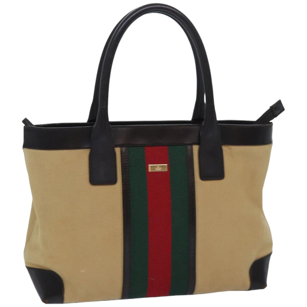 GUCCI Web Sherry Line Tote Bag Canvas Beige Red Green 002 1119 83934