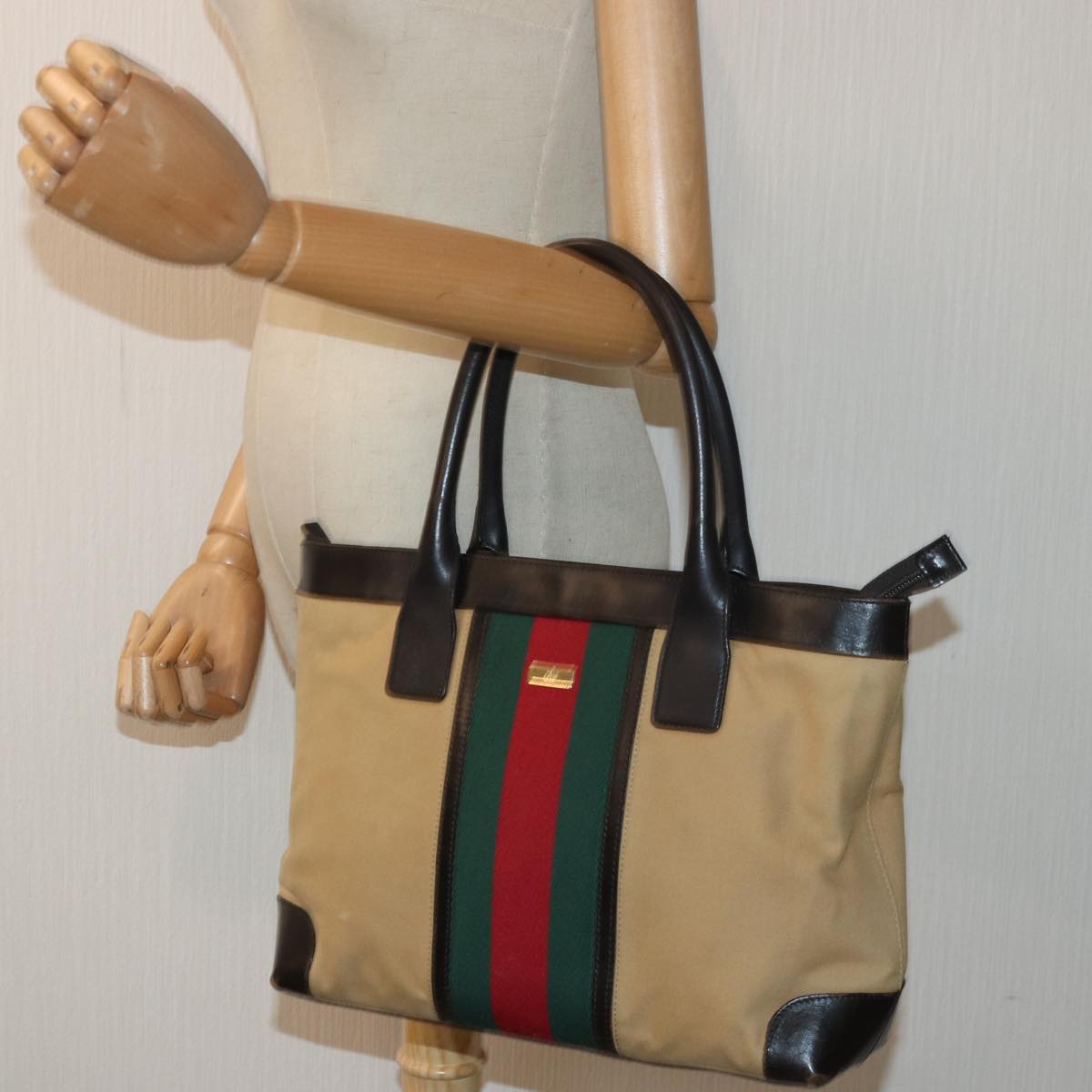 GUCCI Web Sherry Line Tote Bag Canvas Beige Red Green 002 1119 83934
