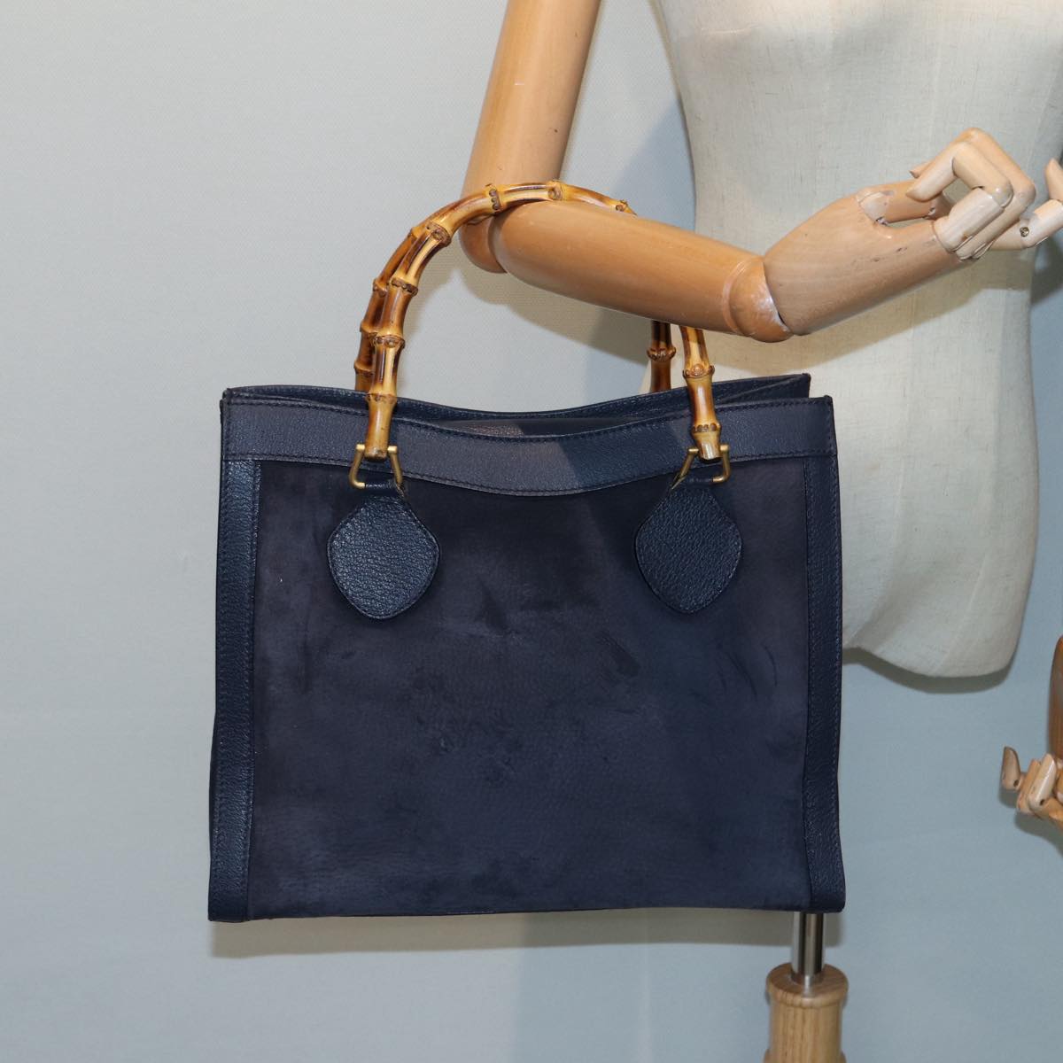 GUCCI Bamboo Hand Bag Suede Leather Navy 83943