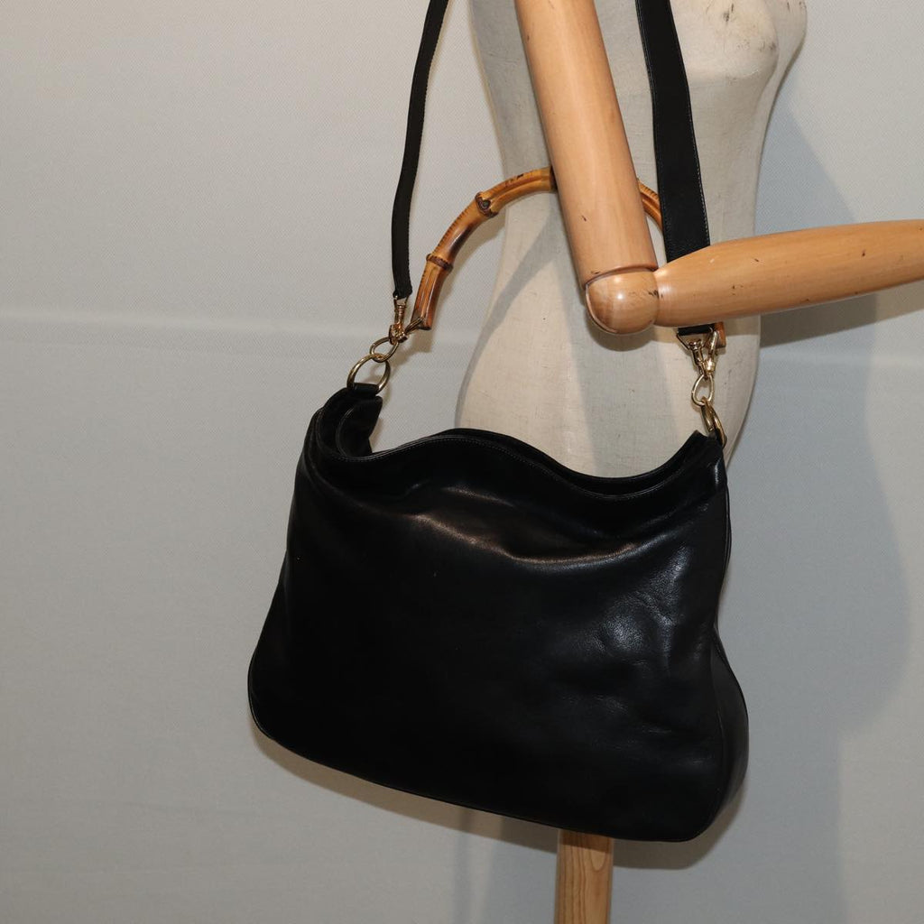 GUCCI Bamboo Hand Bag Leather 2way Black Gold 001 2852 1577 0 83975