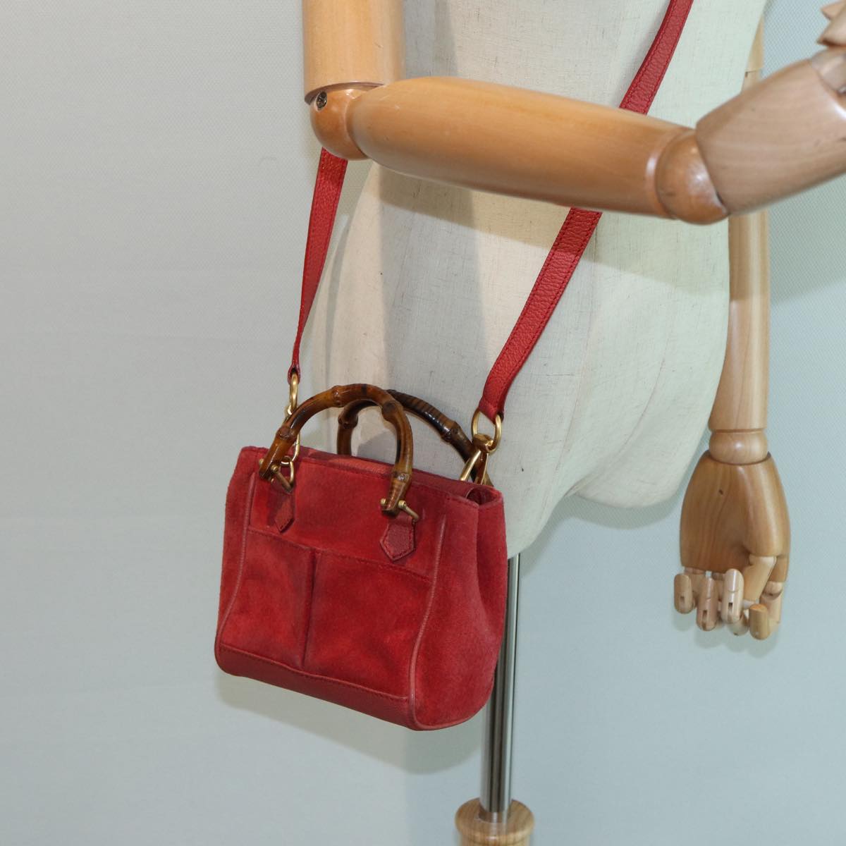 GUCCI Bamboo Shoulder Bag Suede 2way Red 007 1793 0238 84245