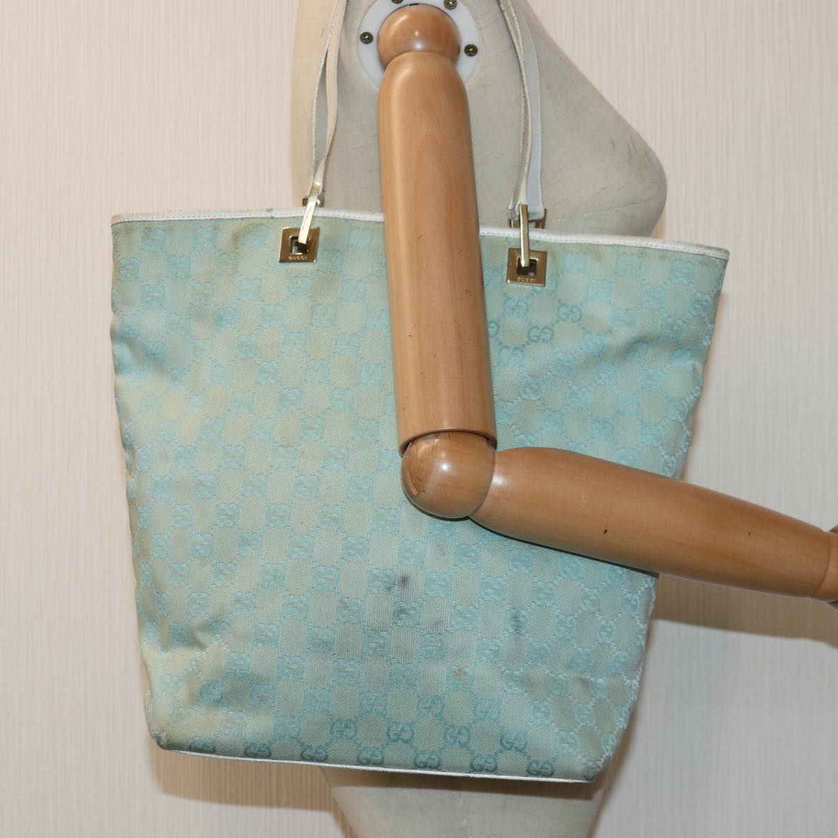 GUCCI GG Canvas Tote Bag Light Blue White gold 002 1098 84563