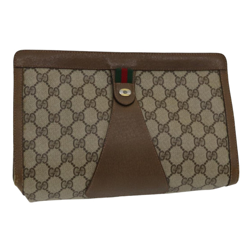 GUCCI GG Supreme Web Sherry Line Clutch Bag PVC Leather Beige Red 84566