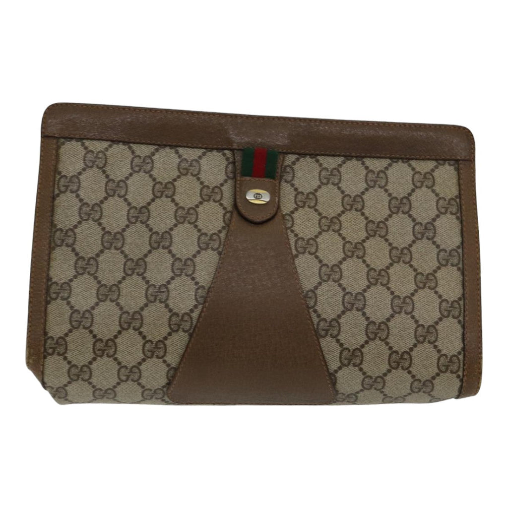 GUCCI GG Supreme Web Sherry Line Clutch Bag PVC Leather Beige Red 84566