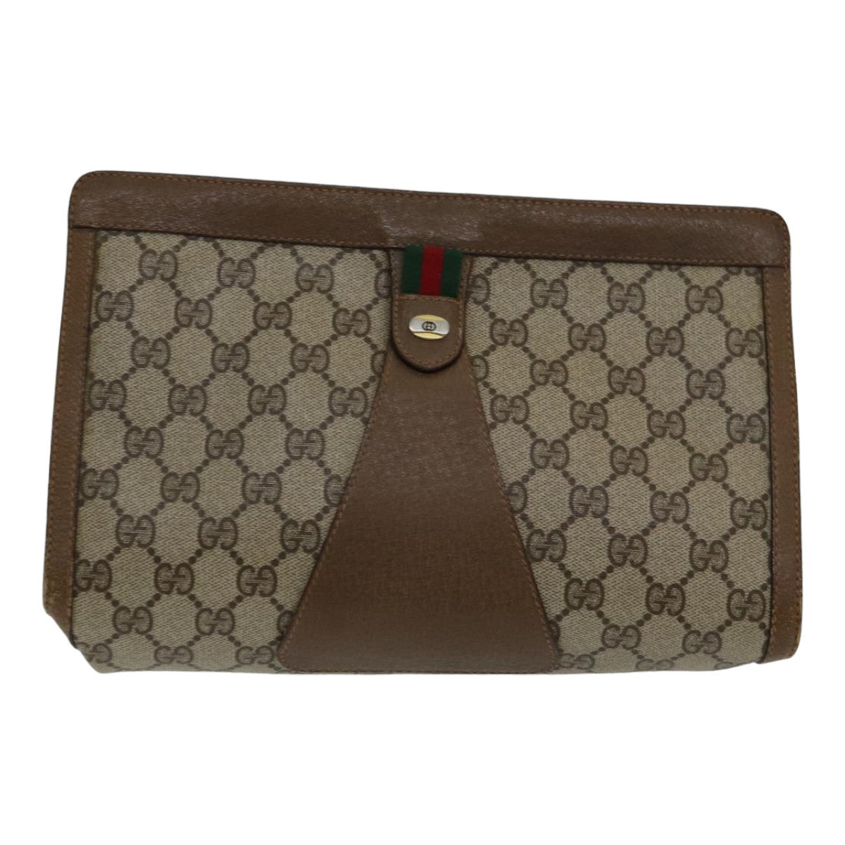 GUCCI GG Supreme Web Sherry Line Clutch Bag PVC Leather Beige Red 84566