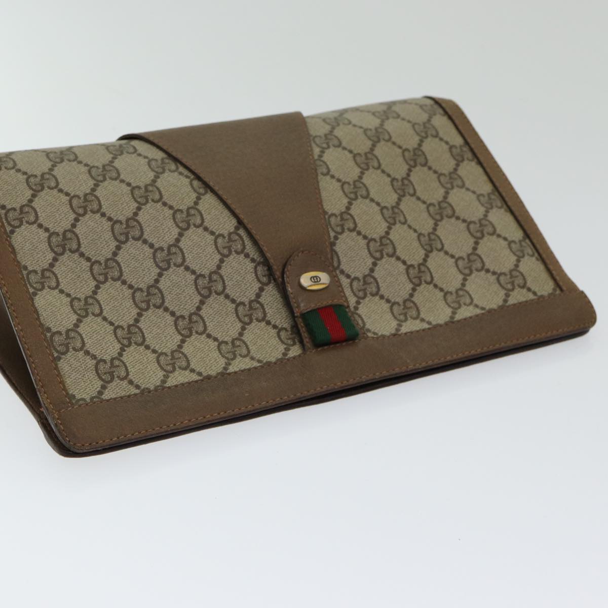 GUCCI GG Supreme Web Sherry Line Clutch Bag PVC Leather Beige Red 84566