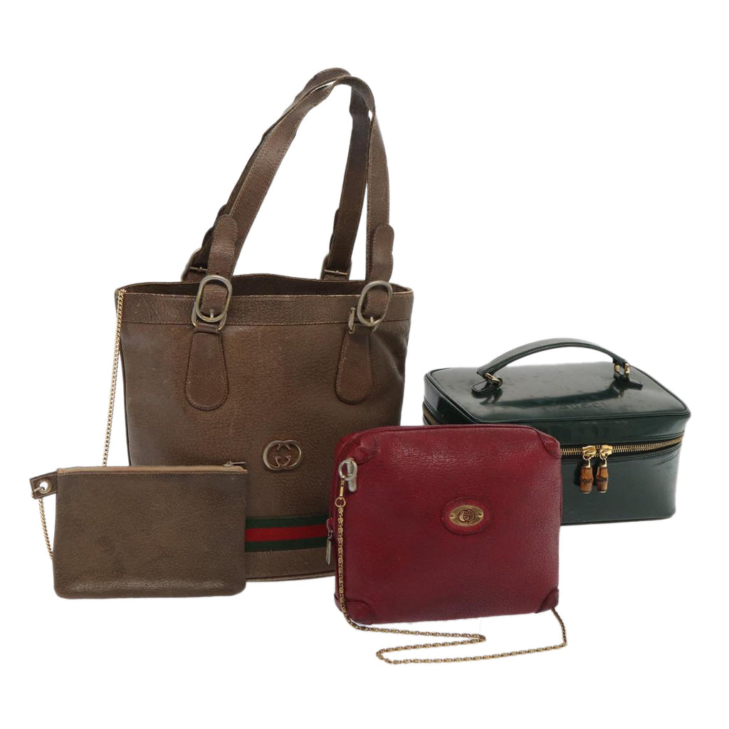 GUCCI Web Sherry Line Chain Bag Leather Patent 3Set Brown Red Green 84597