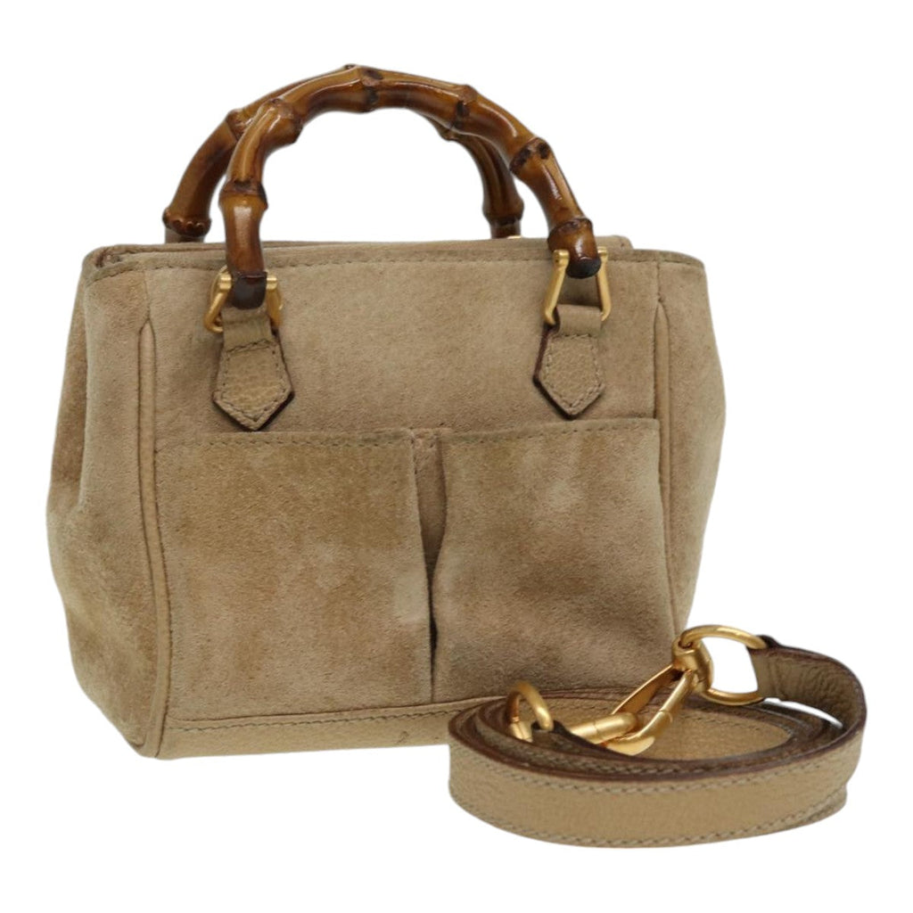GUCCI Bamboo Hand Bag Suede 2way Beige Gold 007 1793 0238 84637