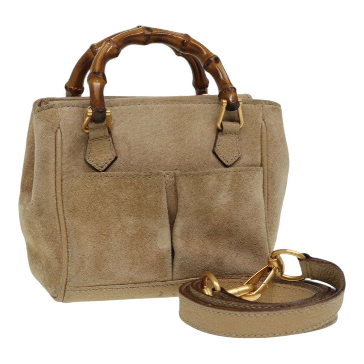 GUCCI Bamboo Hand Bag Suede 2way Beige Gold 007 1793 0238 84637