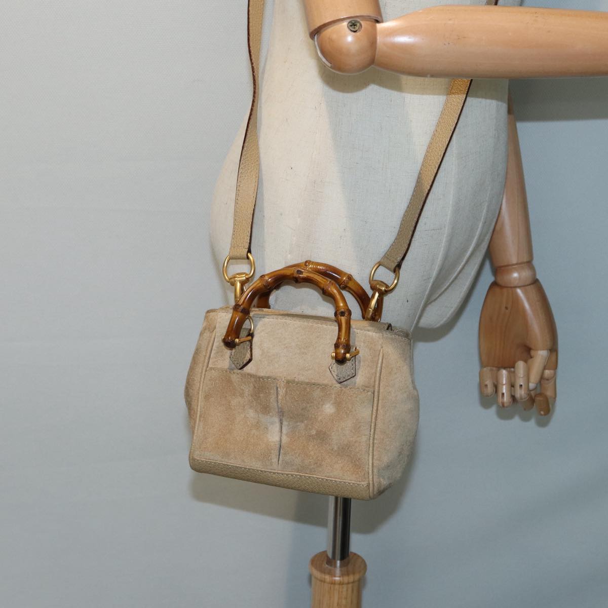 GUCCI Bamboo Hand Bag Suede 2way Beige Gold 007 1793 0238 84637