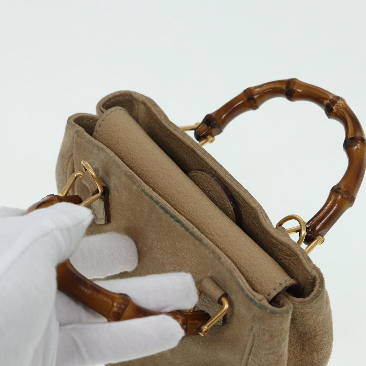 GUCCI Bamboo Hand Bag Suede 2way Beige Gold 007 1793 0238 84637