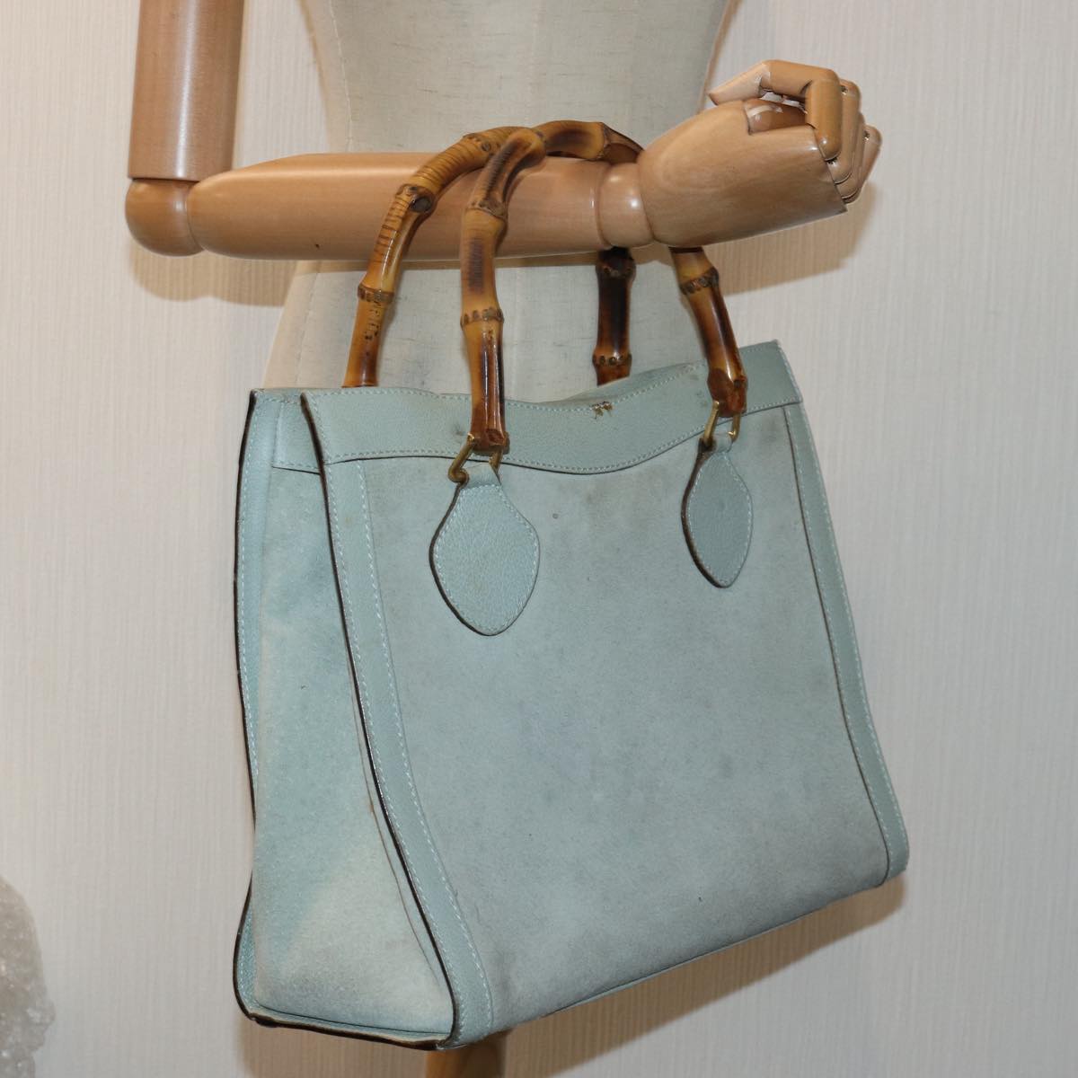 GUCCI Bamboo Hand Bag Suede Light Blue Gold 002 123 0260 84671