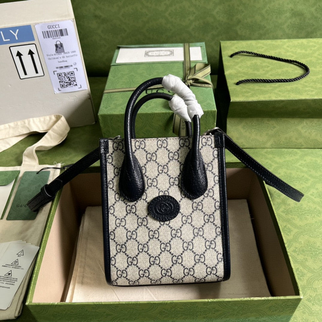 gg Mini Tote Bag With Interlocking G Beige And Blue gg Supreme Canvas For Women 7.8in/20cm 671623 K9GSN 4075
