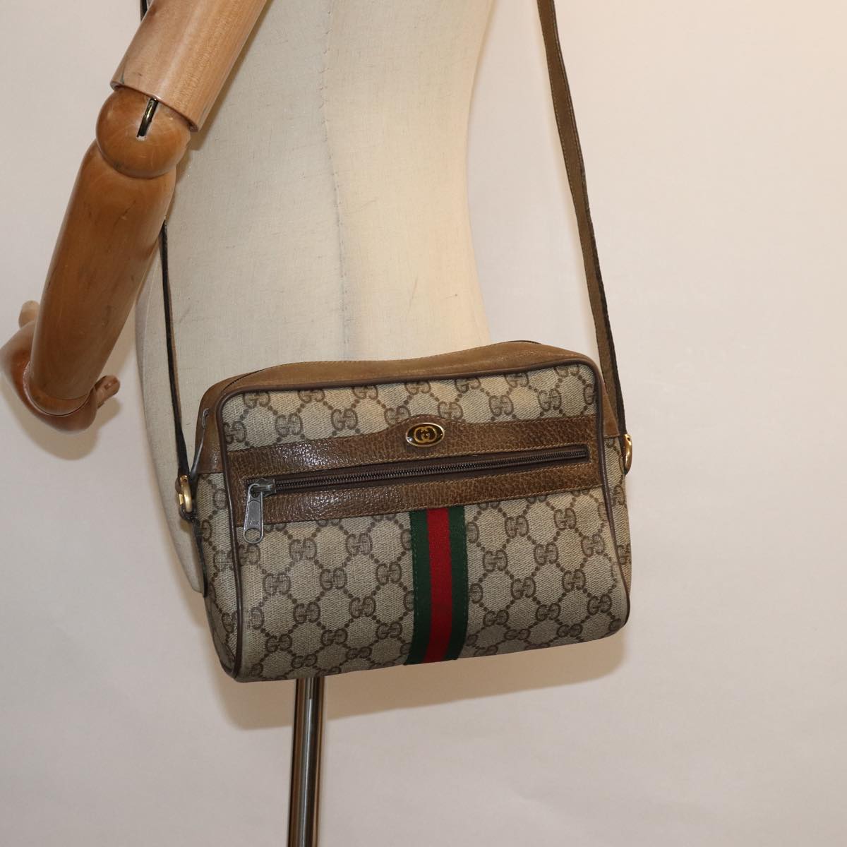 GUCCI GG Supreme Web Sherry Line Shoulder Bag PVC Beige Red 32 02 004 84752
