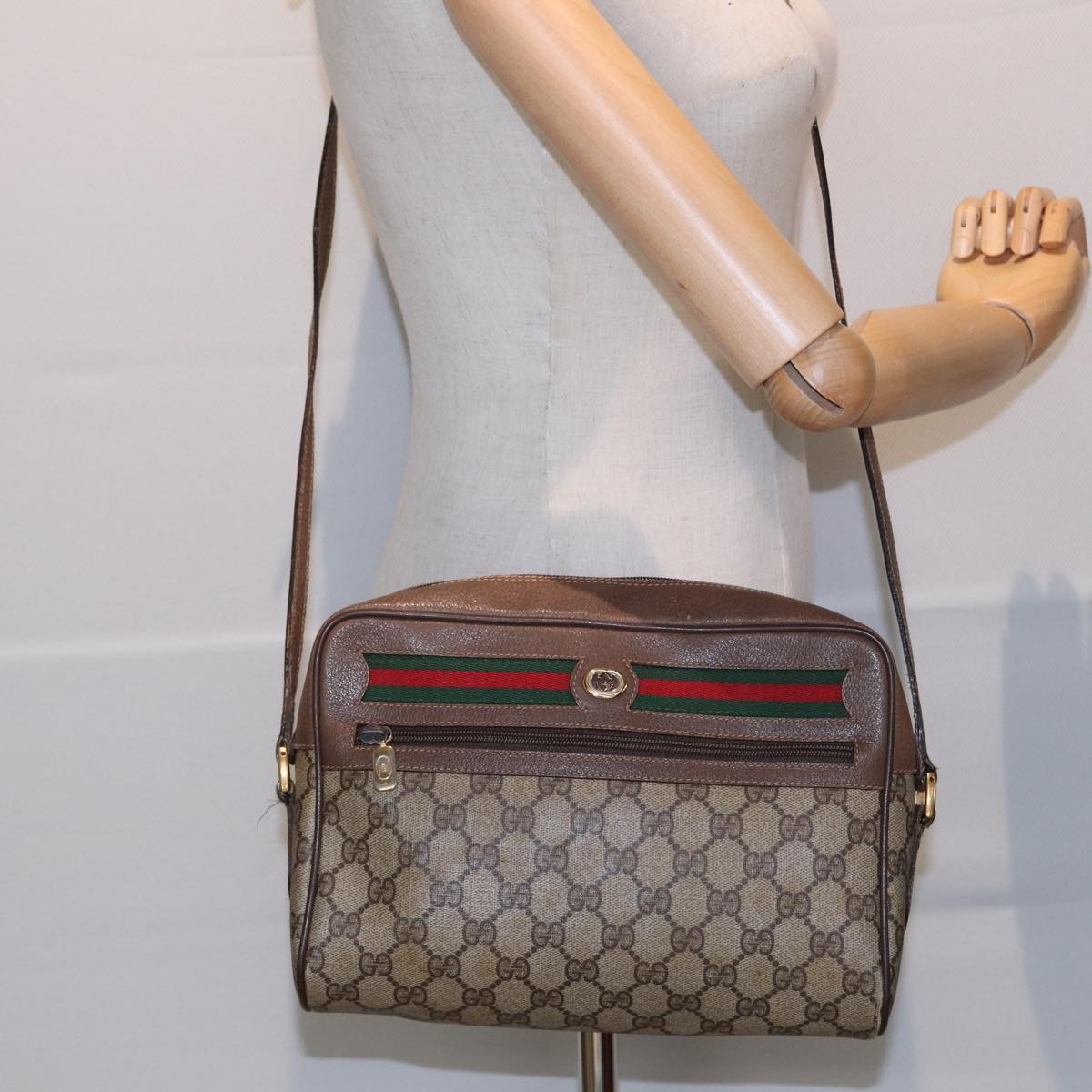 GUCCI GG Supreme Web Sherry Line Shoulder Bag PVC Beige Red 56 02 088 84753