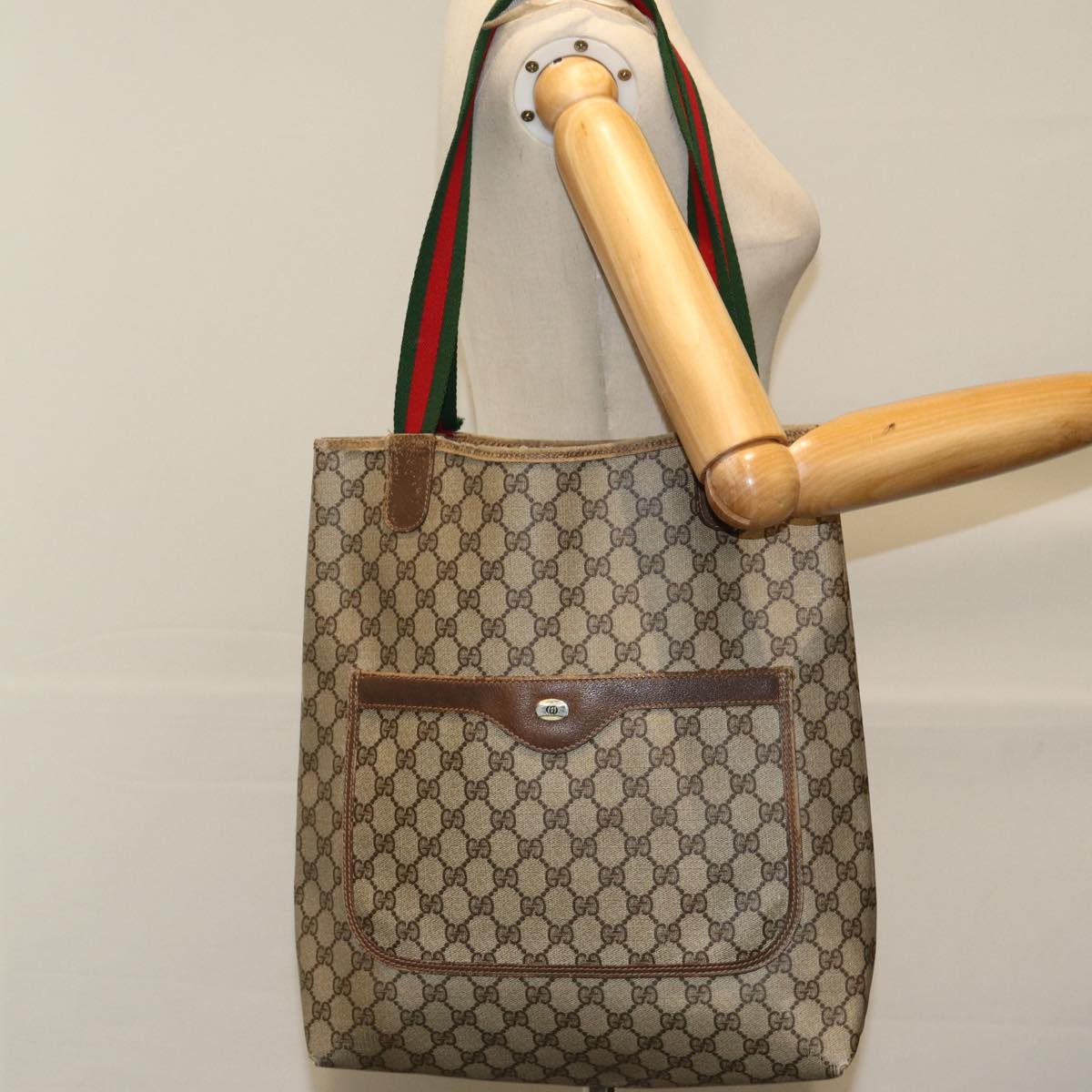 GUCCI GG Supreme Web Sherry Line Tote Bag PVC Leather Beige 39 02 003 84942