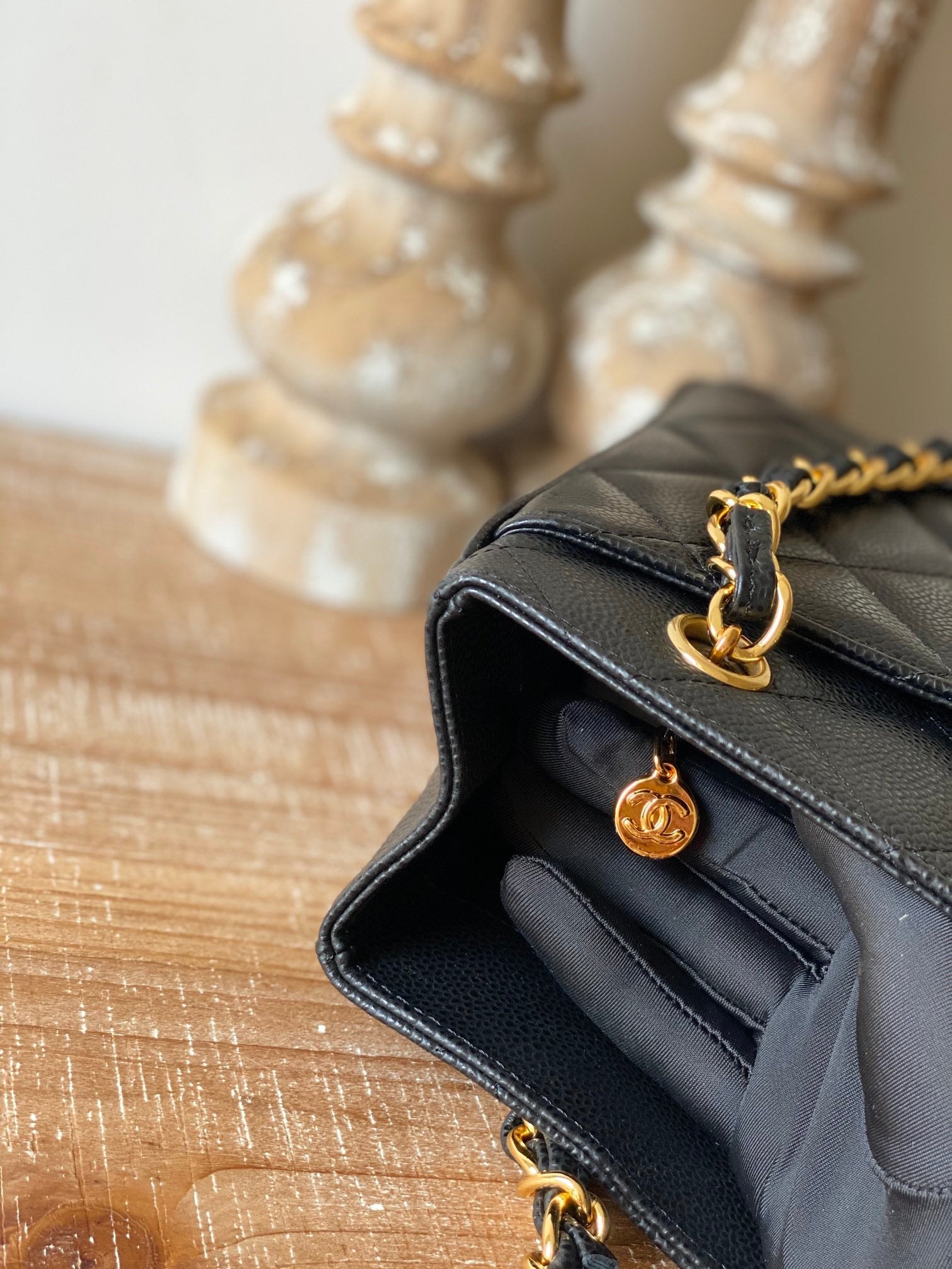 CHLVintage Black Medium Quilted Caviar Tote Bag For Women 28cm/11in