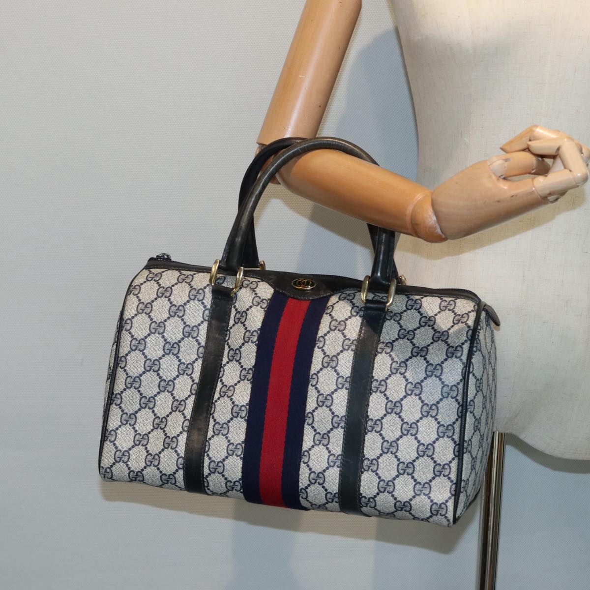 GUCCI GG Supreme Sherry Line Boston Bag PVC Navy Red 012 3842 33 39 85053