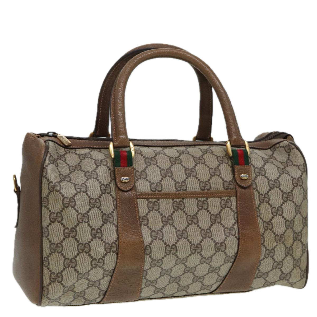 GUCCI GG Supreme Web Sherry Line Boston Bag PVC Beige Red 39 02 072 85055