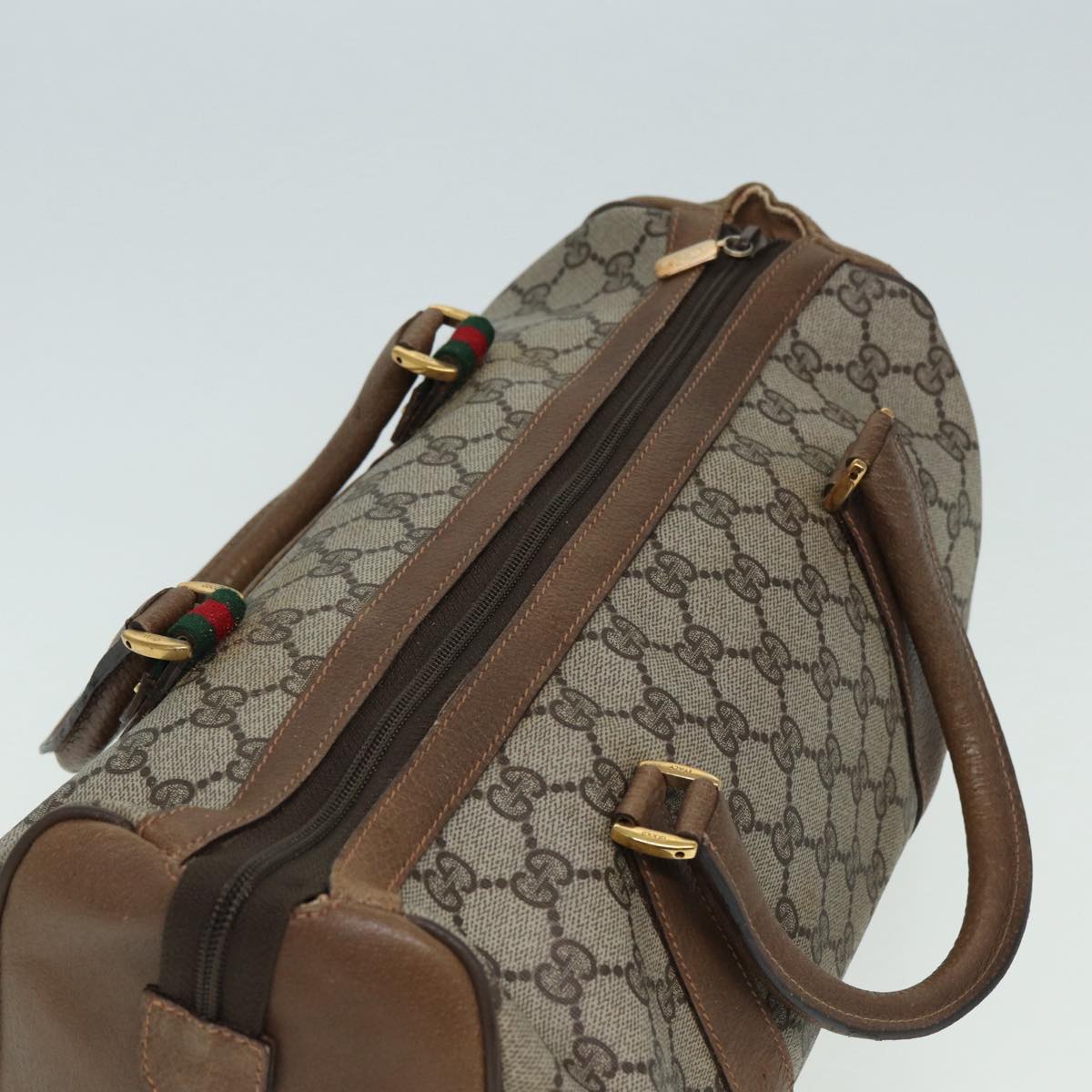 GUCCI GG Supreme Web Sherry Line Boston Bag PVC Beige Red 39 02 072 85055