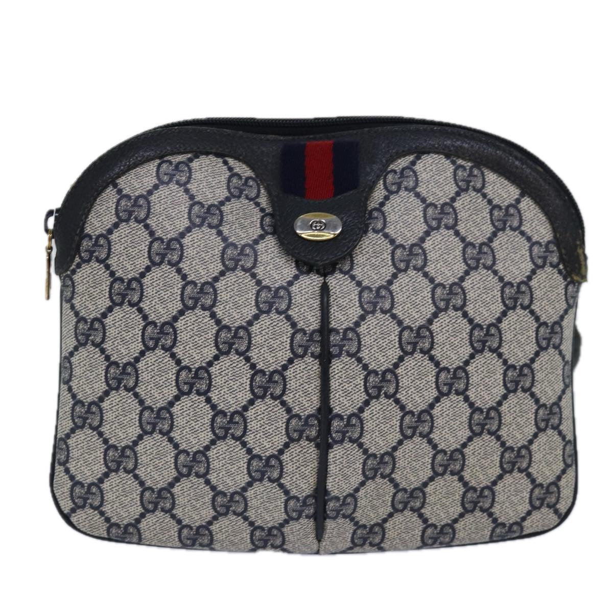 GUCCI GG Supreme Sherry Line Shoulder Bag PVC Leather Navy Red 85108