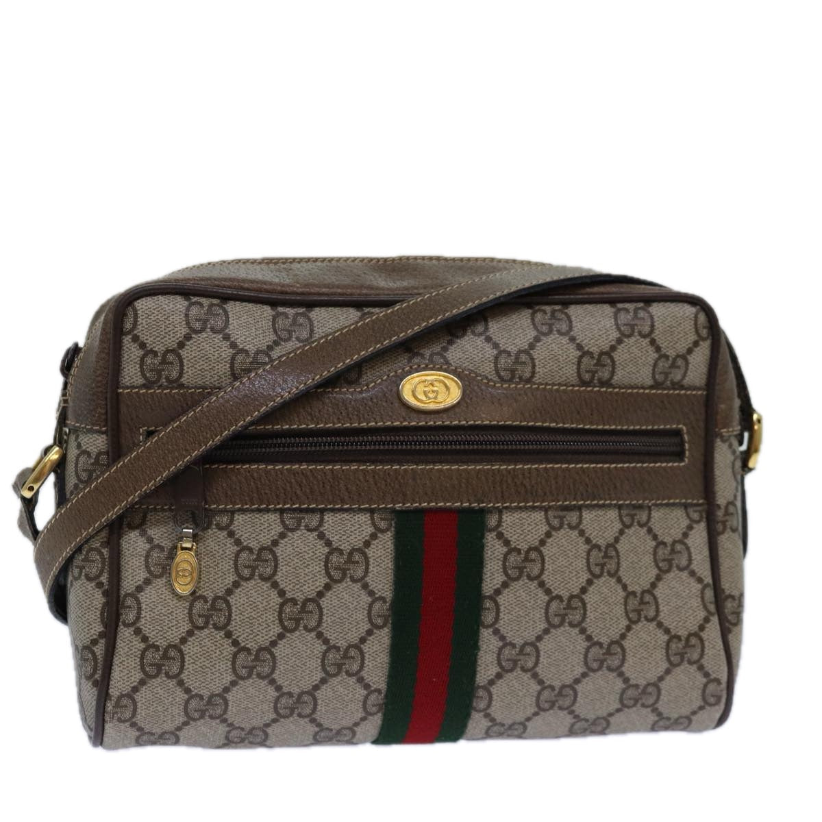 GUCCI GG Supreme Web Sherry Line Shoulder Bag PVC Beig gold 85109