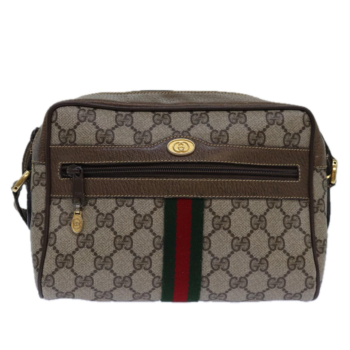 GUCCI GG Supreme Web Sherry Line Shoulder Bag PVC Beig gold 85109