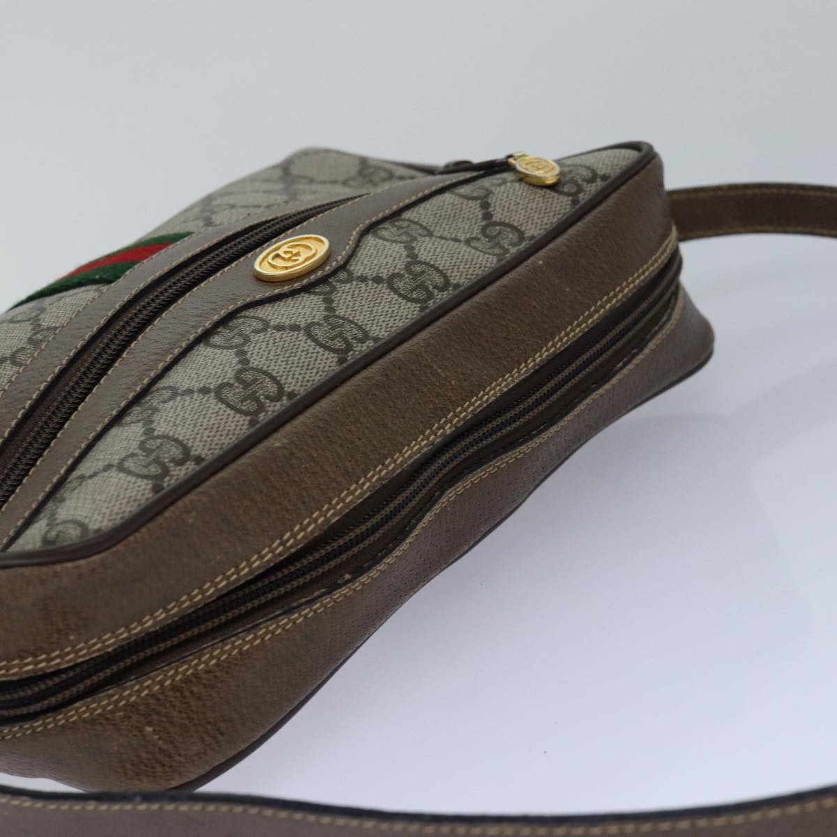GUCCI GG Supreme Web Sherry Line Shoulder Bag PVC Beig gold 85109