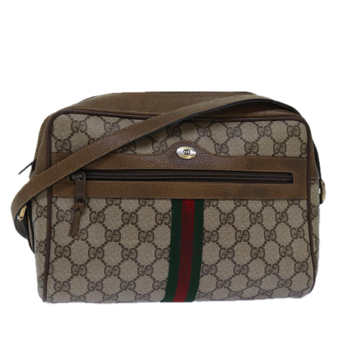 GUCCI GG Supreme Web Sherry Line Shoulder Bag PVC Beige Gold 85110