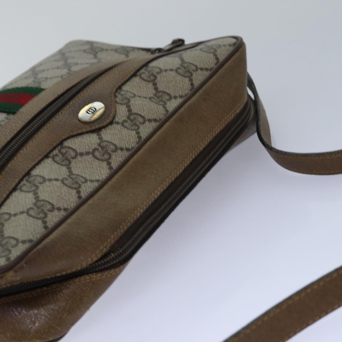 GUCCI GG Supreme Web Sherry Line Shoulder Bag PVC Beige Gold 85110