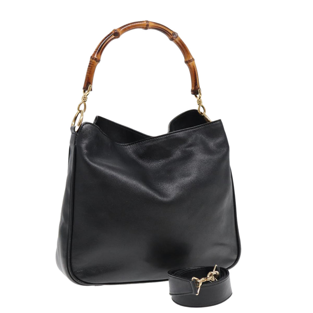 GUCCI Bamboo Hand Bag Leather 2way Black Gold 001 2113 1638 85126