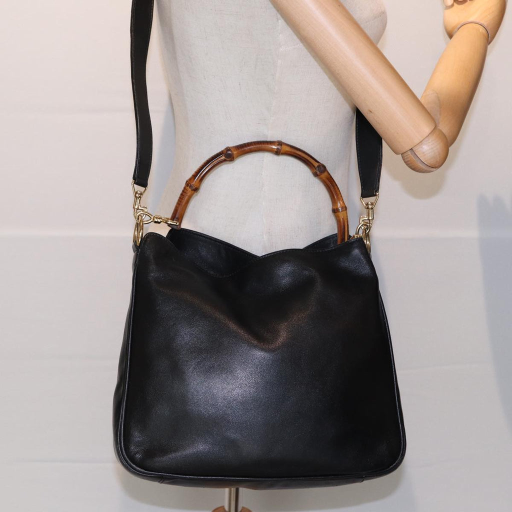 GUCCI Bamboo Hand Bag Leather 2way Black Gold 001 2113 1638 85126