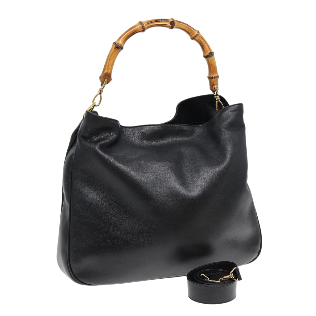 GUCCI Bamboo Hand Bag Leather 2way Black Gold 001 1998 1577 85127
