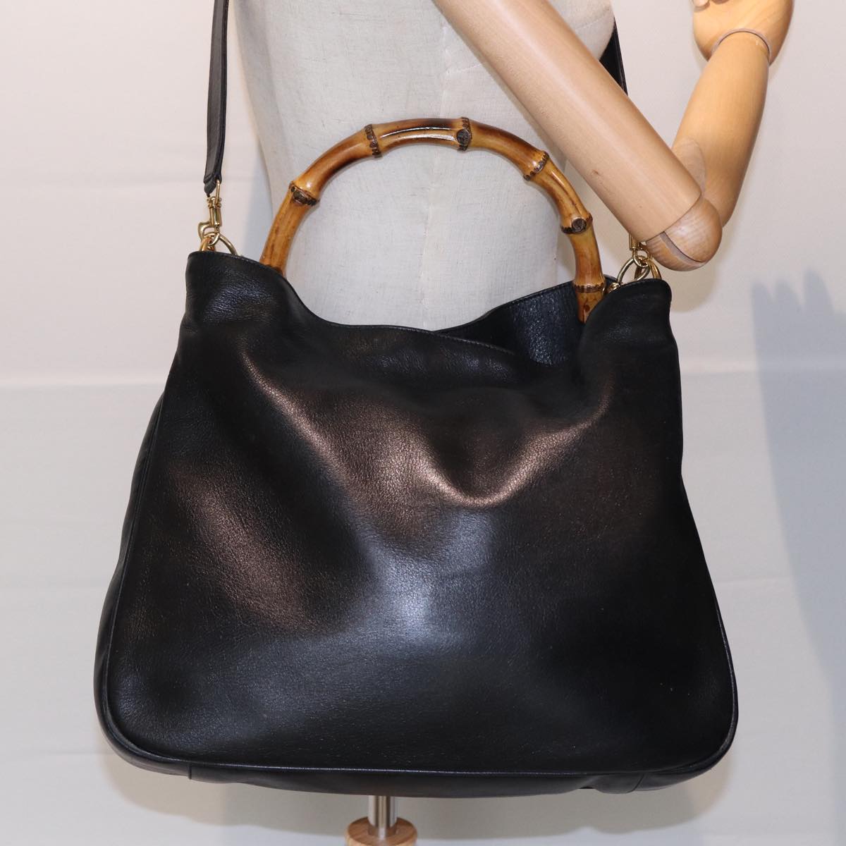 GUCCI Bamboo Hand Bag Leather 2way Black Gold 001 1998 1577 85127