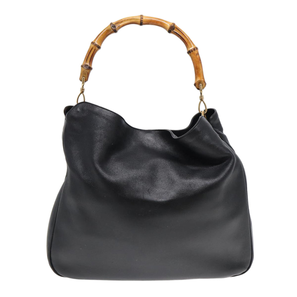 GUCCI Bamboo Hand Bag Leather 2way Black Gold 001 1998 1577 85127