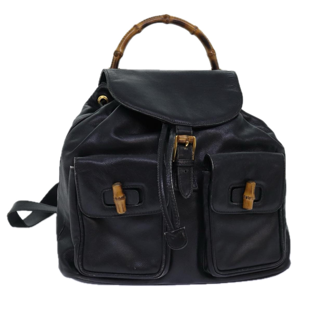 GUCCI Bamboo Backpack Leather Black Gold 003 2058 0016 85154