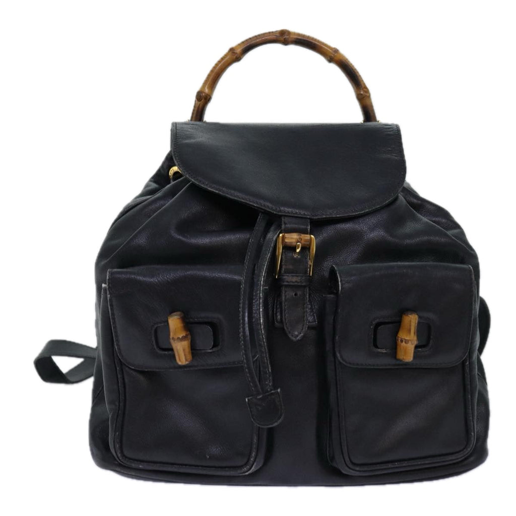 GUCCI Bamboo Backpack Leather Black Gold 003 2058 0016 85154