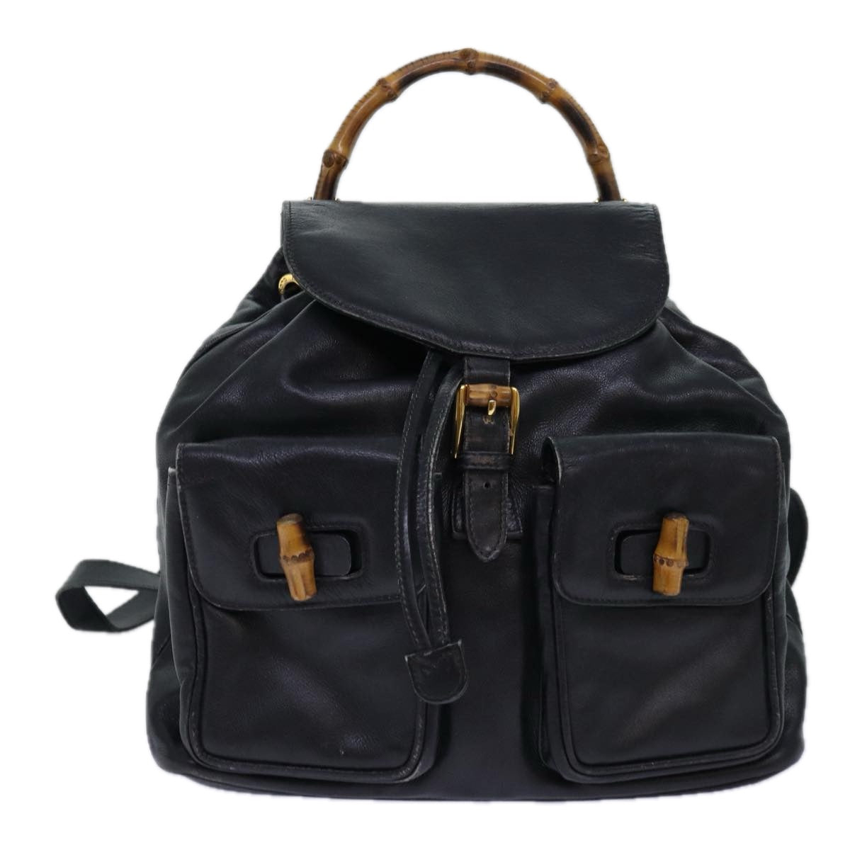 GUCCI Bamboo Backpack Leather Black Gold 003 2058 0016 85154