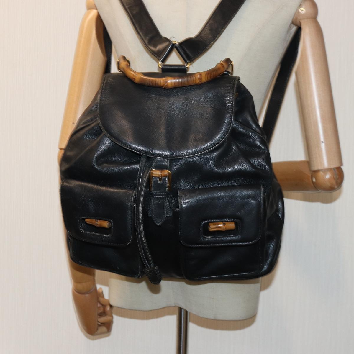GUCCI Bamboo Backpack Leather Black Gold 003 2058 0016 85154