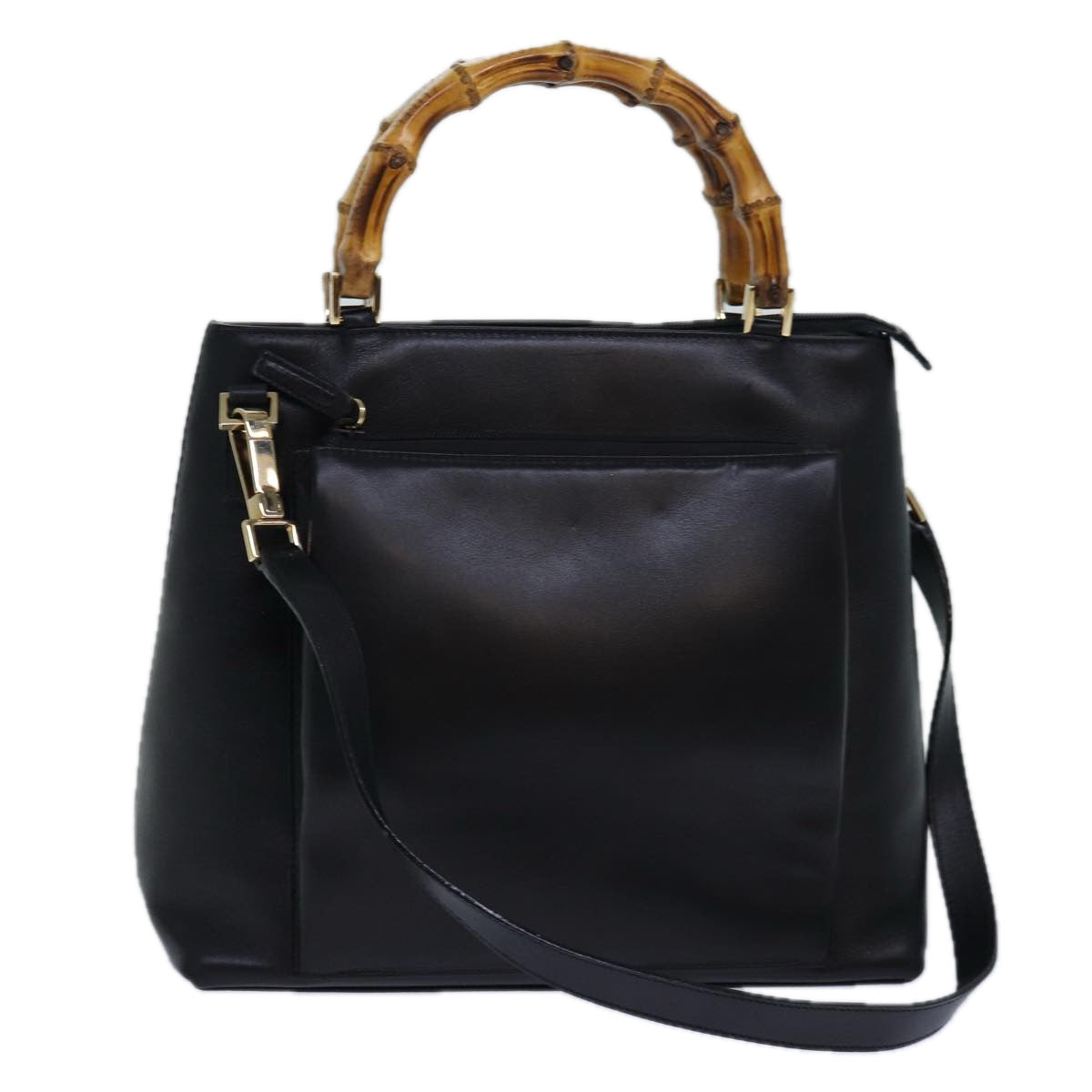 GUCCI Bamboo Hand Bag Leather 2way Black Gold 002 2058 0508 0 85162